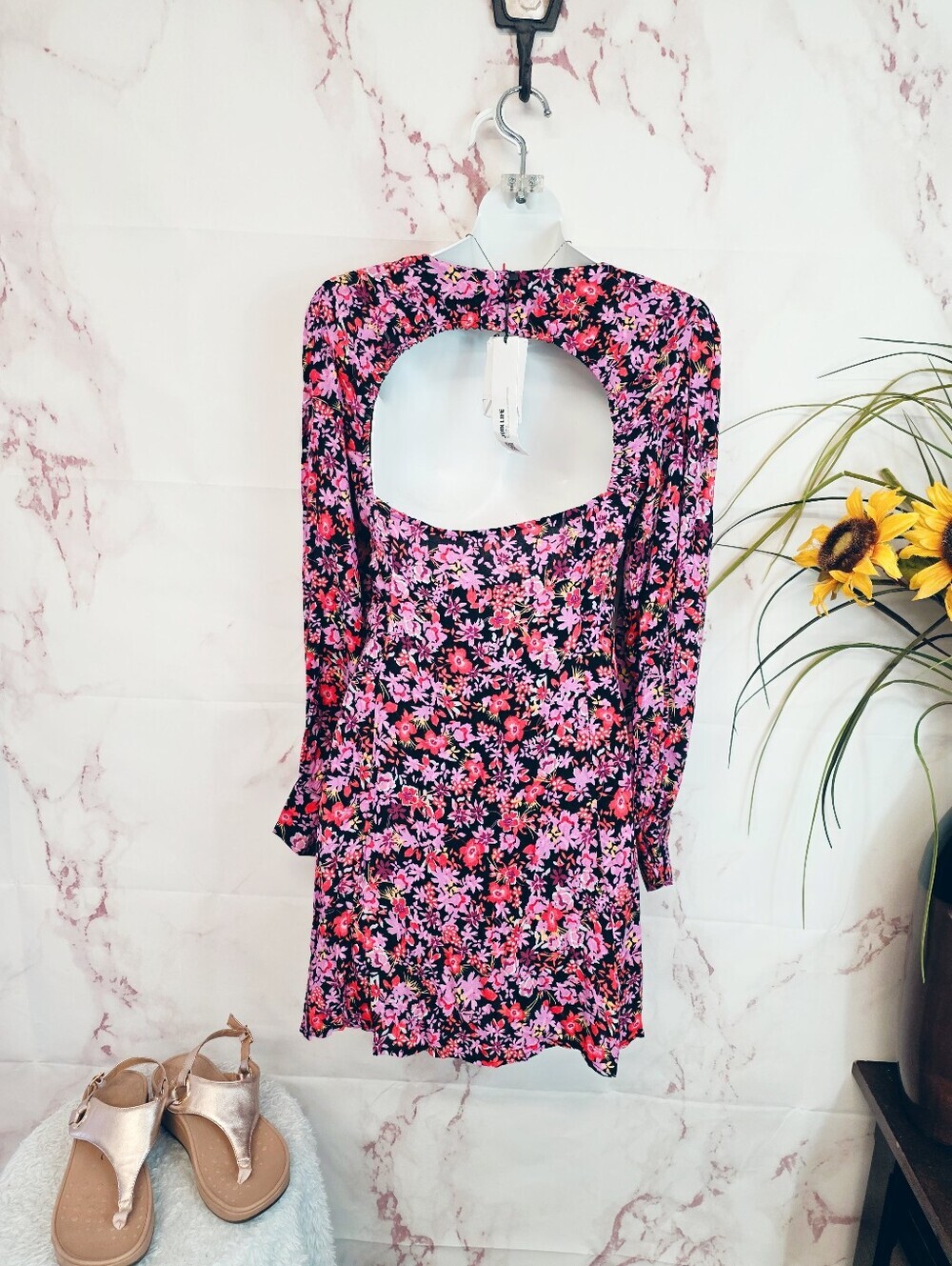 Zara Floral Cutout Back Mini Dress NWT Long Sleeve Pink Black Size S - Picture 5 of 7